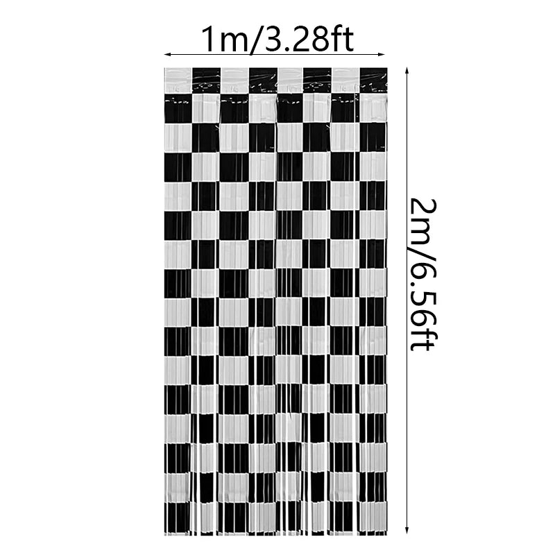 A vertical black and white checkered foil curtain backdrop measuring 1 meter high.