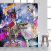 Cortina de ducha con escena colorida de gatos y dinosaurios en tema espacial