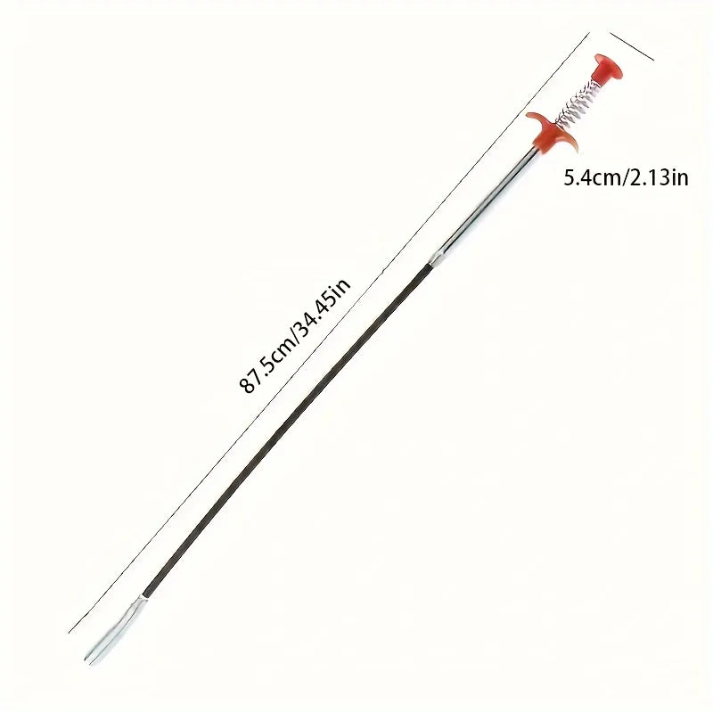 A long, thin drain auger with a flexible shaft and a claw hook tip for removing hair and debris.