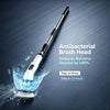 An antibacterial brush head is shown against a dark background with text indicating it reduces bacteria residue by over 90%