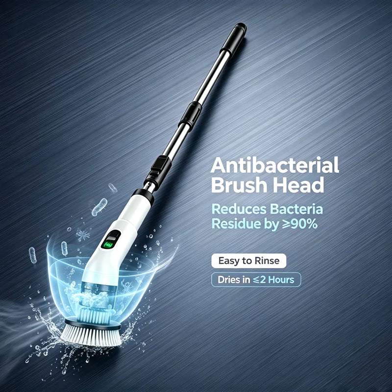An antibacterial brush head is shown against a dark background with text indicating it reduces bacteria residue by over 90%