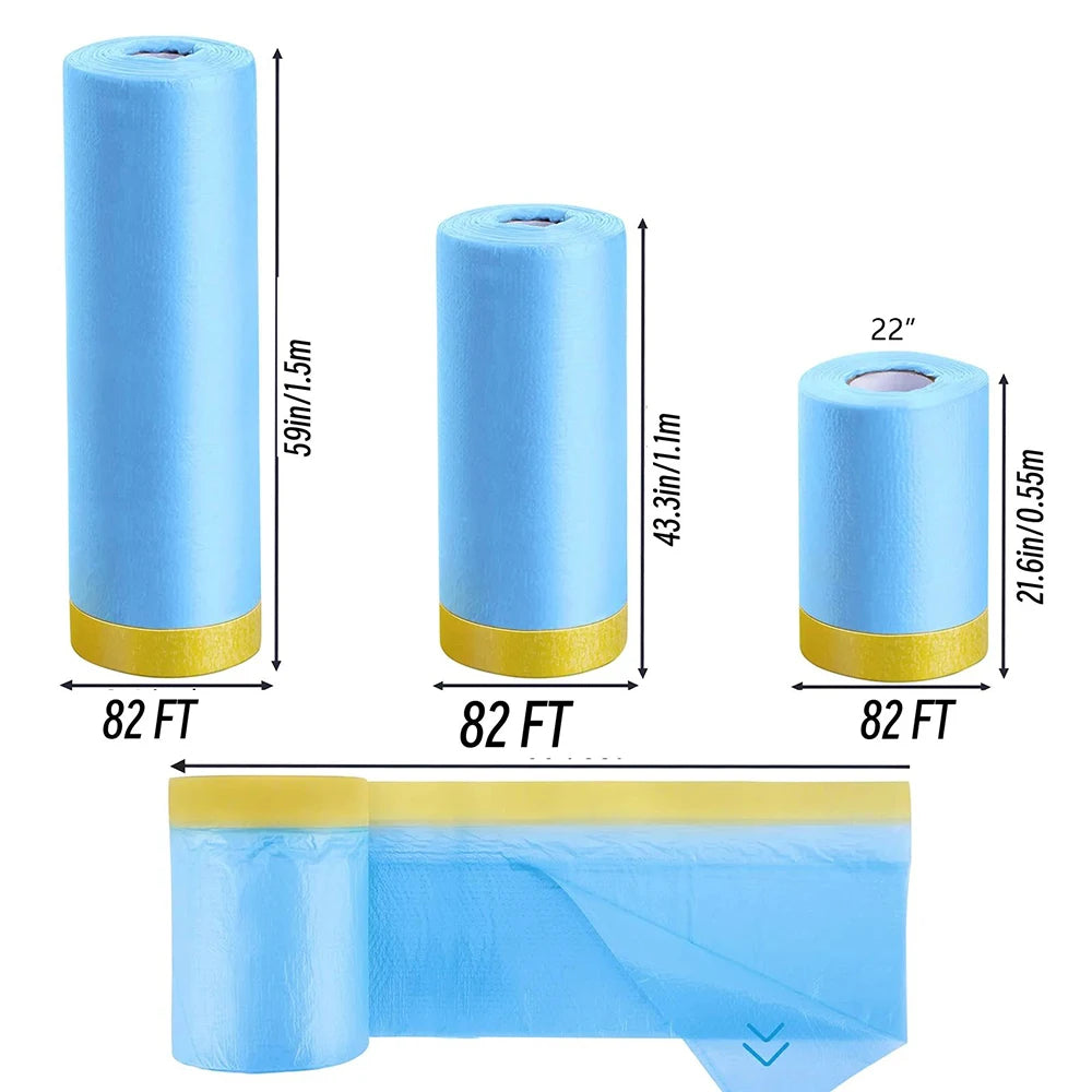 Rolls of blue heavy-duty plastic masking film tape for painting shown next to a piece of applied tape.