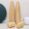 Two natural loofah exfoliating body sponges with hanging ropes displayed on a white surface.