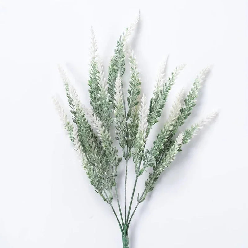 A sprig of artificial lavender flowers with silvery-green foliage and white blooms.