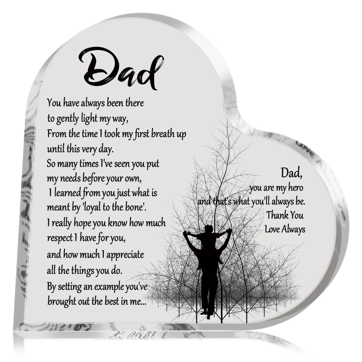 A heart-shaped acrylic keepsake plaque with handwritten text dedicated to a father.