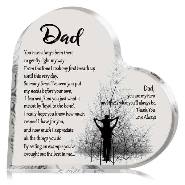 A heart-shaped acrylic keepsake plaque with handwritten text dedicated to a father.