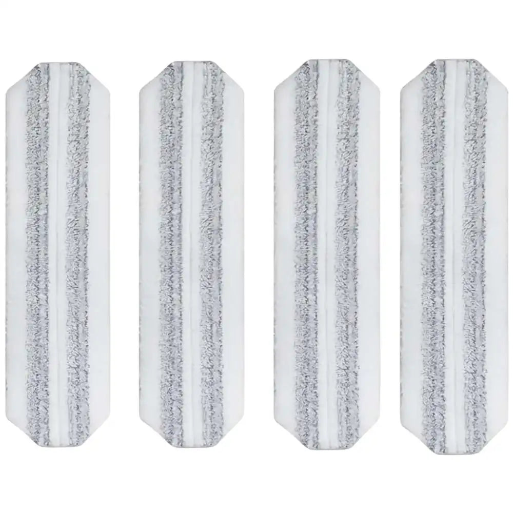 Four rolls of gray and white microfiber flat mop head refills for cleaning tools