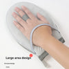 A hand is placed on a large, gray mesh ironing board or glove with a light gray strap.