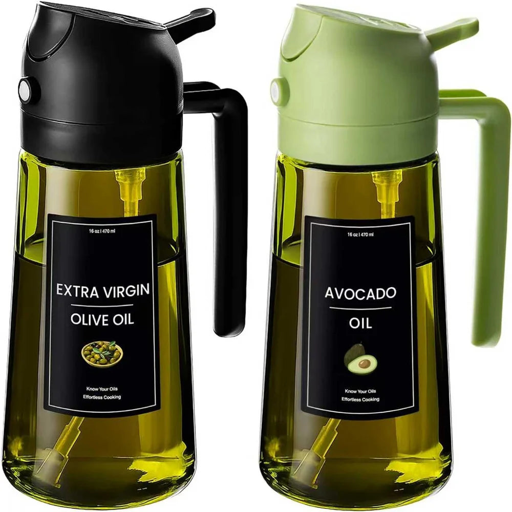 A green and black 2-in-1 glass olive oil dispenser with a lime green sprayer top.