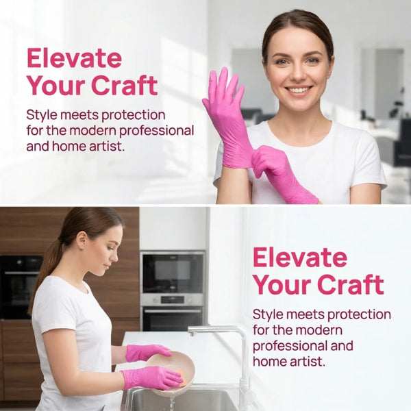 A woman wearing pink nitrile disposable gloves is shown working on a piece of glass in a modern kitchen setting.