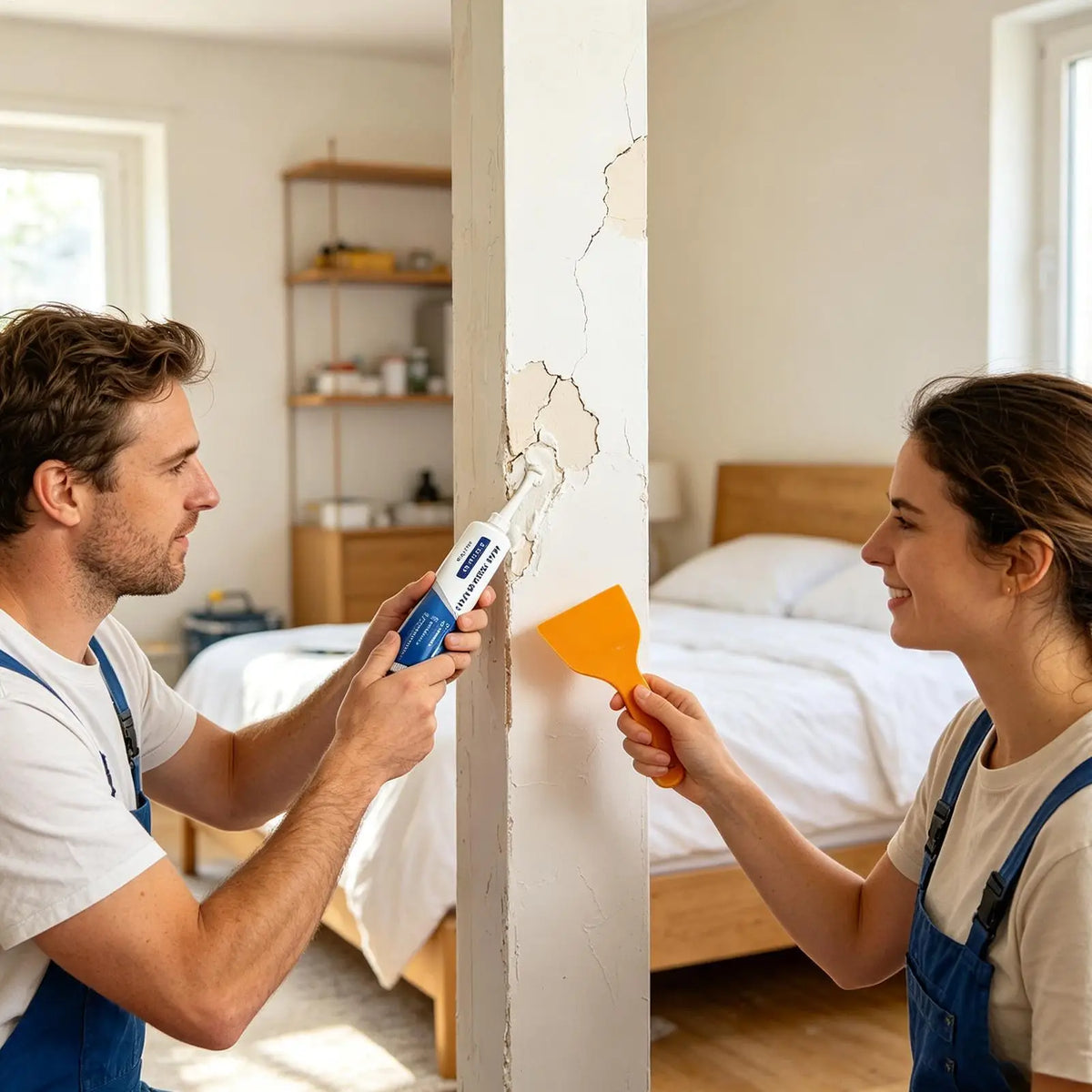 A man and a woman are applying wall repair paste to a white pillar in a room.