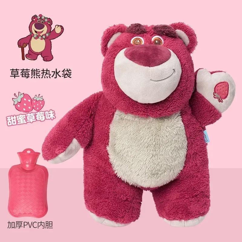 A plush toy resembling a red panda or bear is shown next to a pink hot water bottle and strawberry-themed items.