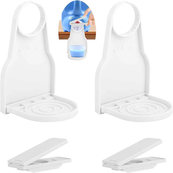 White double laundry detergent drip catchers shown in various configurations and with a bottle.
