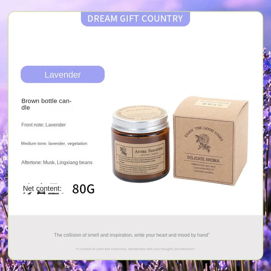 A brown aromatherapy soy wax candle in a glass jar with a label and an accompanying box.