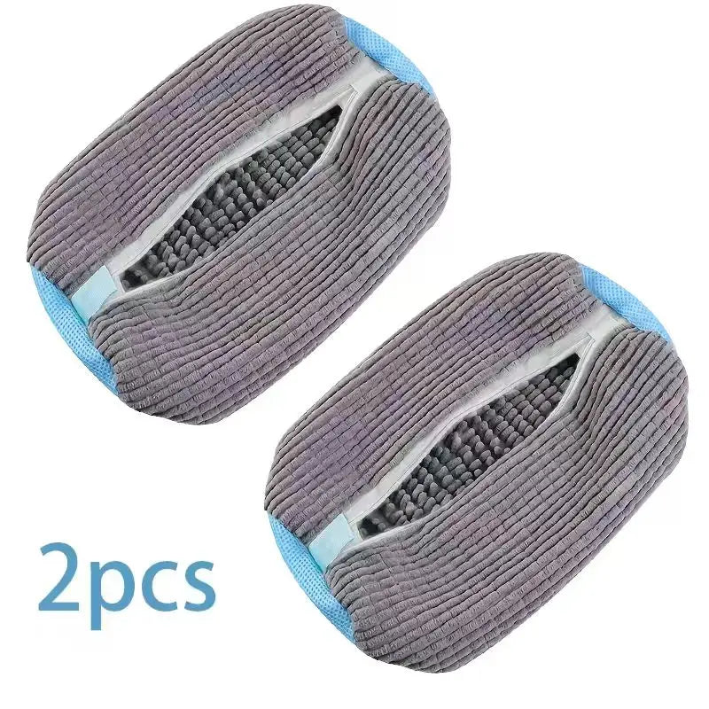 Two reusable shoe washing bags in gray fabric with an invisible zipper.