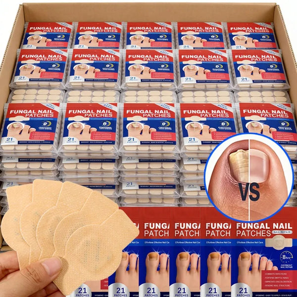 Box of Fungal Nail Patches for toenail health with individual patches and a pad.