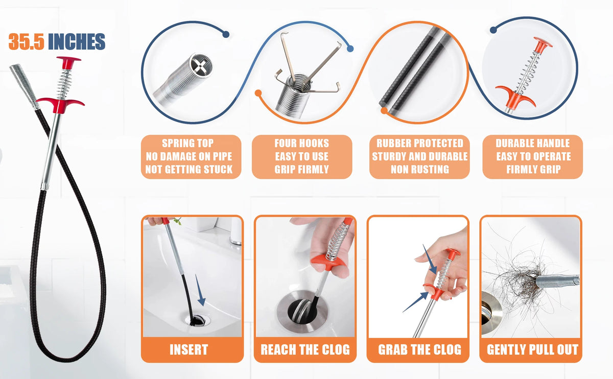 A professional drain cleaning kit showing various flexible tools including a spring top, hooks, and a handle for clearing clo