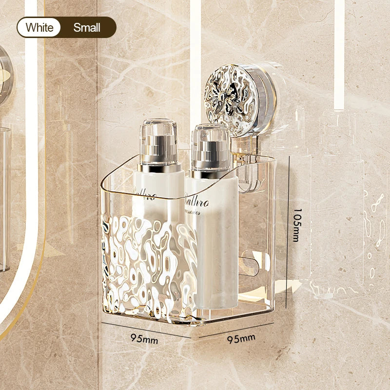 A clear stainless steel suction cup storage rack holding two white glass bottles and a silver cap on a beige bathroom surface