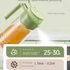 A green oil spray bottle is shown dispensing oil, with text promoting health benefits and dosage information.