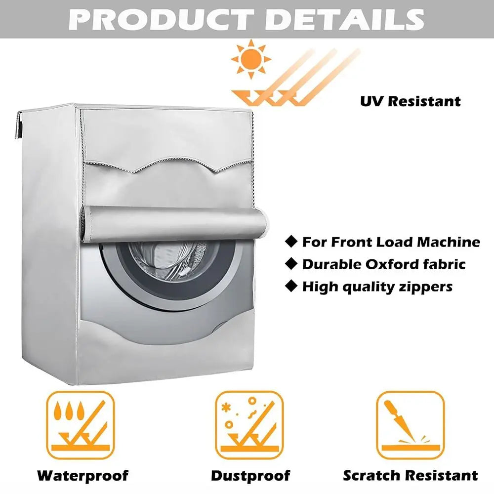 Silver Oxford washing machine cover with a roll edge, designed to be UV resistant and waterproof.