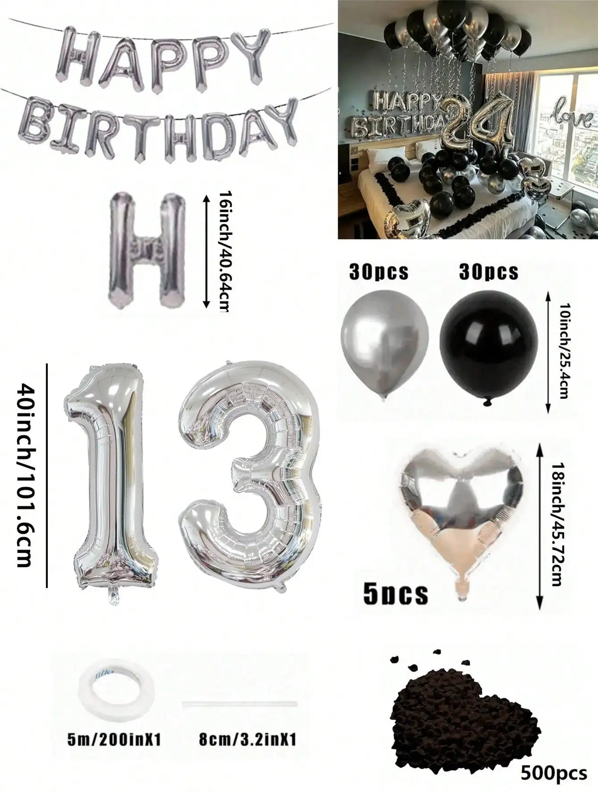 Un juego de globos con números y formas de corazón en papel metálico plateado y negro, para decoración de cumpleaños.