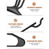 Three black plastic clothes hangers showing triangle design, notched design, and reinforced edge features.