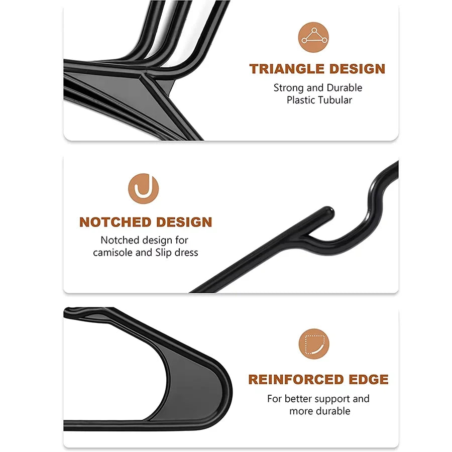 Three black plastic clothes hangers showing triangle design, notched design, and reinforced edge features.