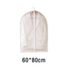 A beige washable clothes hanging dust cover displayed on a hanger.