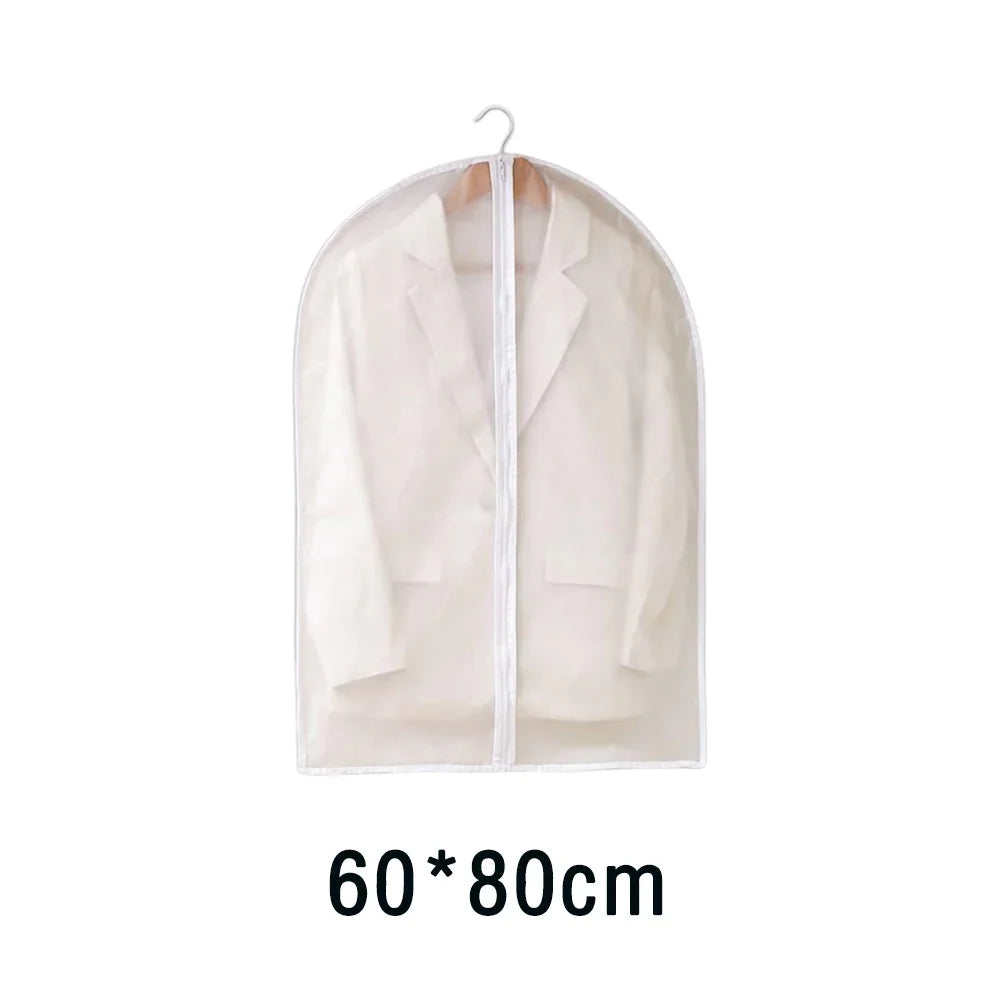 A beige washable clothes hanging dust cover displayed on a hanger.