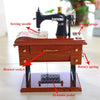 A vintage clockwork sewing machine with a wooden base and dynamic pedal is shown.