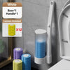 Balai de toilette jetable fixé au mur avec base et manche blancs, et brosses parfumées au citron.