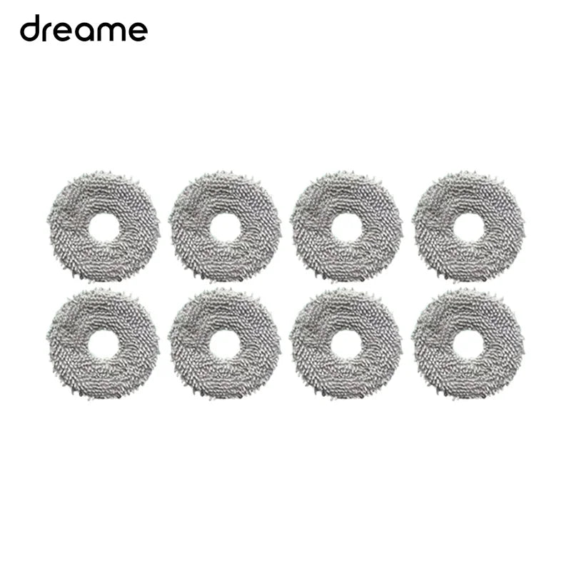 A set of eight circular replacement parts for a Dreame robot vacuum.