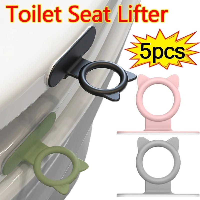 Five silicone self-adhesive lifters for toilet seat lids shown in various colors and angles.