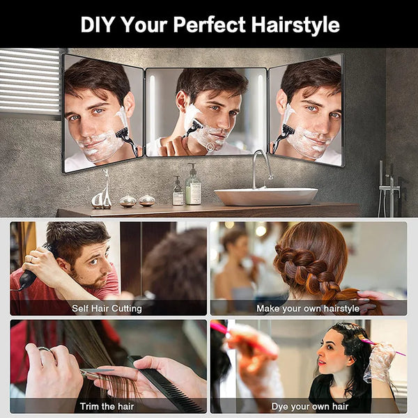 A set of mirrors and tools for DIY hairstyling including a trifold mirror, self-hair cutting tools, and hair dyeing supplies.