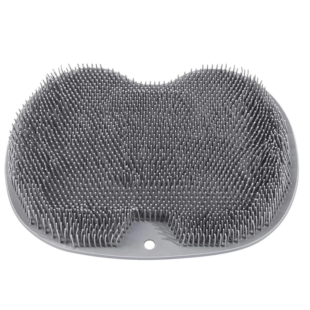 A gray wall mounted shower foot scrubber with numerous textured bristles for circulation.