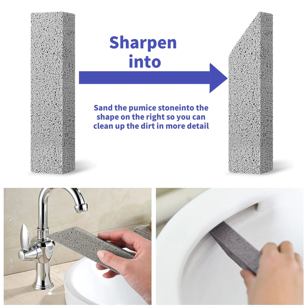 A pumice stone cleaning stick is shown being used to clean a toilet bowl.
