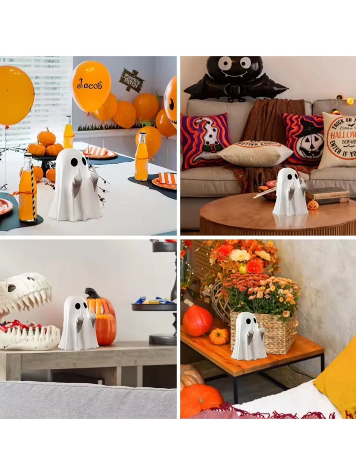 A collection of terrifying ghost statue decorations and orange Halloween themed decor.