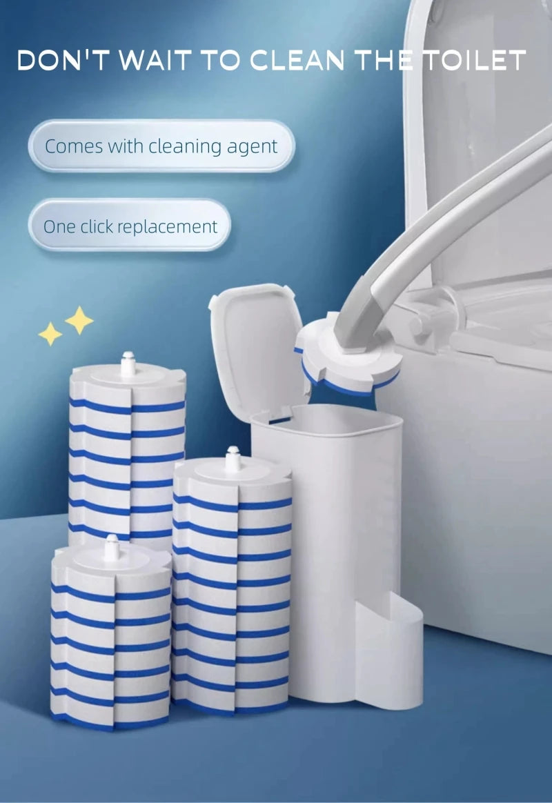 A reusable toilet cleaning brush kit with three cylindrical cleaning agents and a white toilet bowl visible.