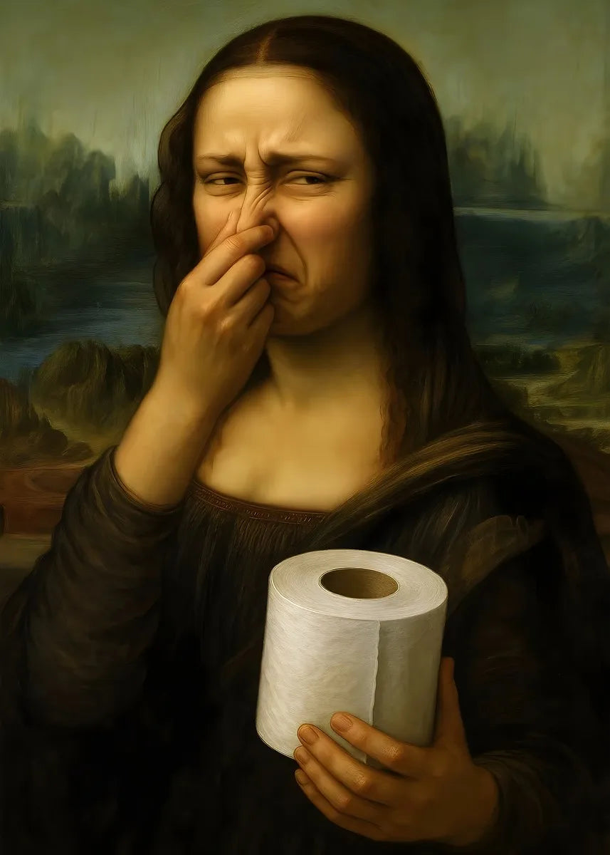 A painting of a woman with dark hair and distressed expression, holding her face, set against a landscape background.