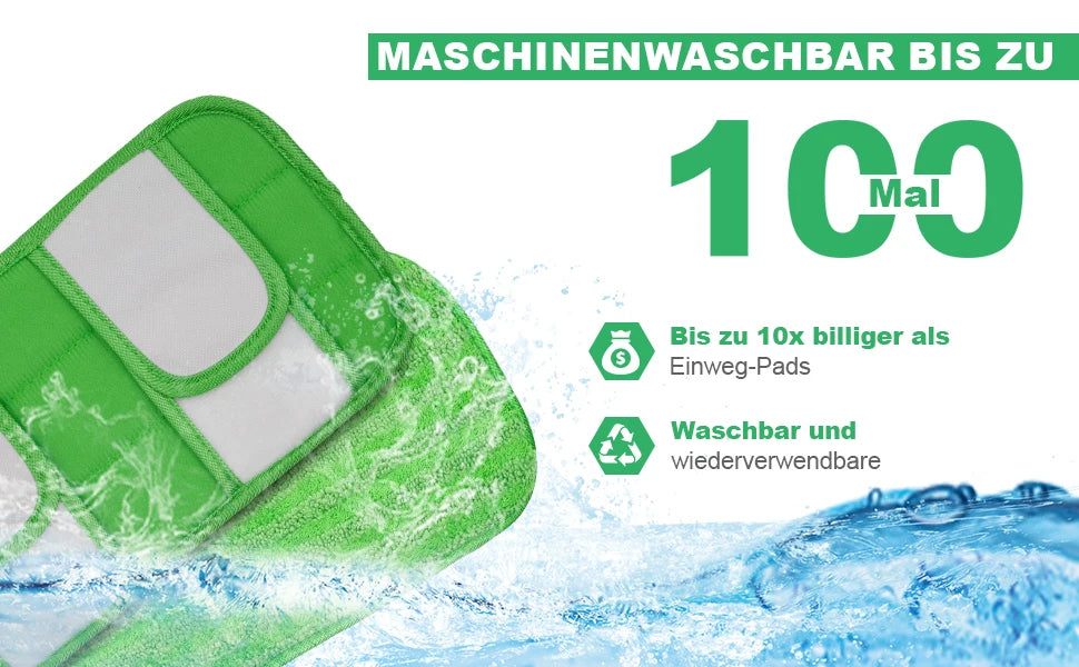 Green reusable microfiber mop pads being washed in water, advertised as machine washable up to 100 times.