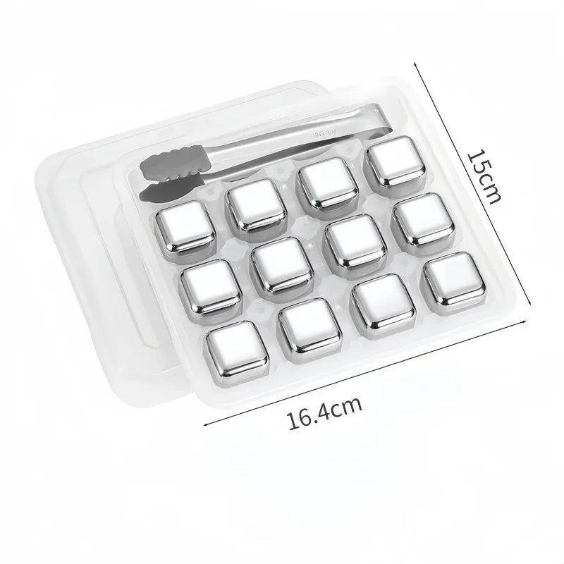 A clear plastic container holding multiple reusable stainless steel whiskey ice cubes and a small tool.