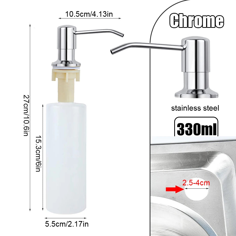 Chrom-eingebaute Küchenspülmitteldose mit weißer Flasche und Edelstahlspout.