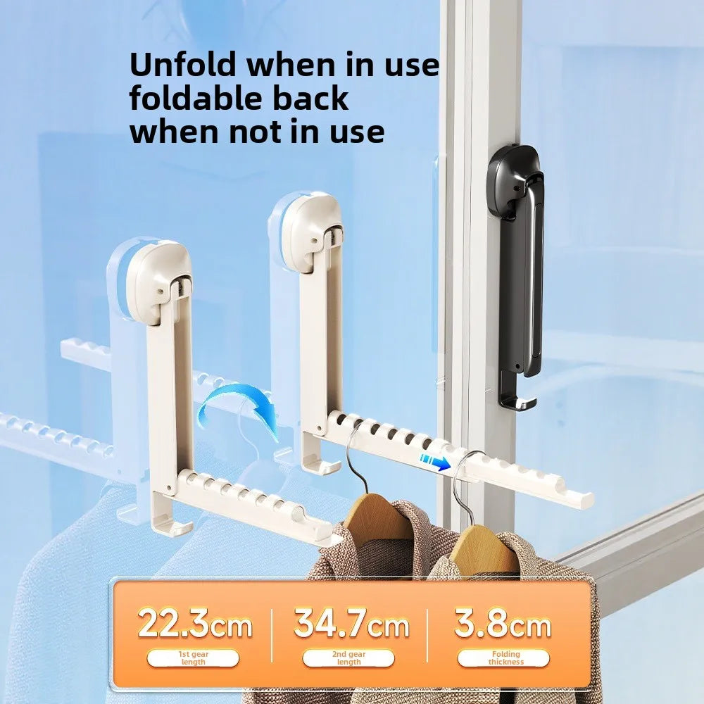 Foldable wall drying rack with suction cups shown in use and folded, demonstrating its functionality.