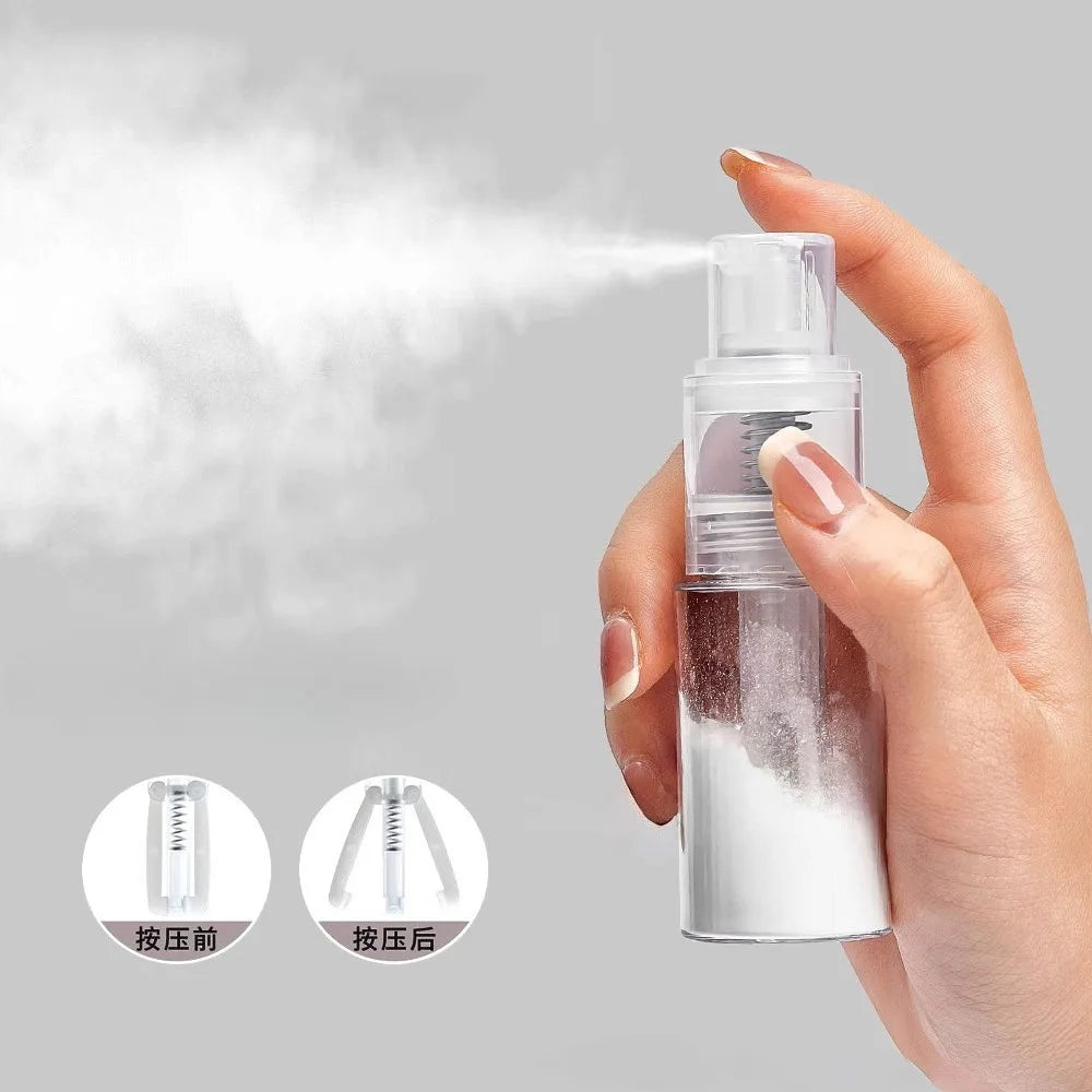A hand sprays a white mist from a refillable styling mist spray bottle.