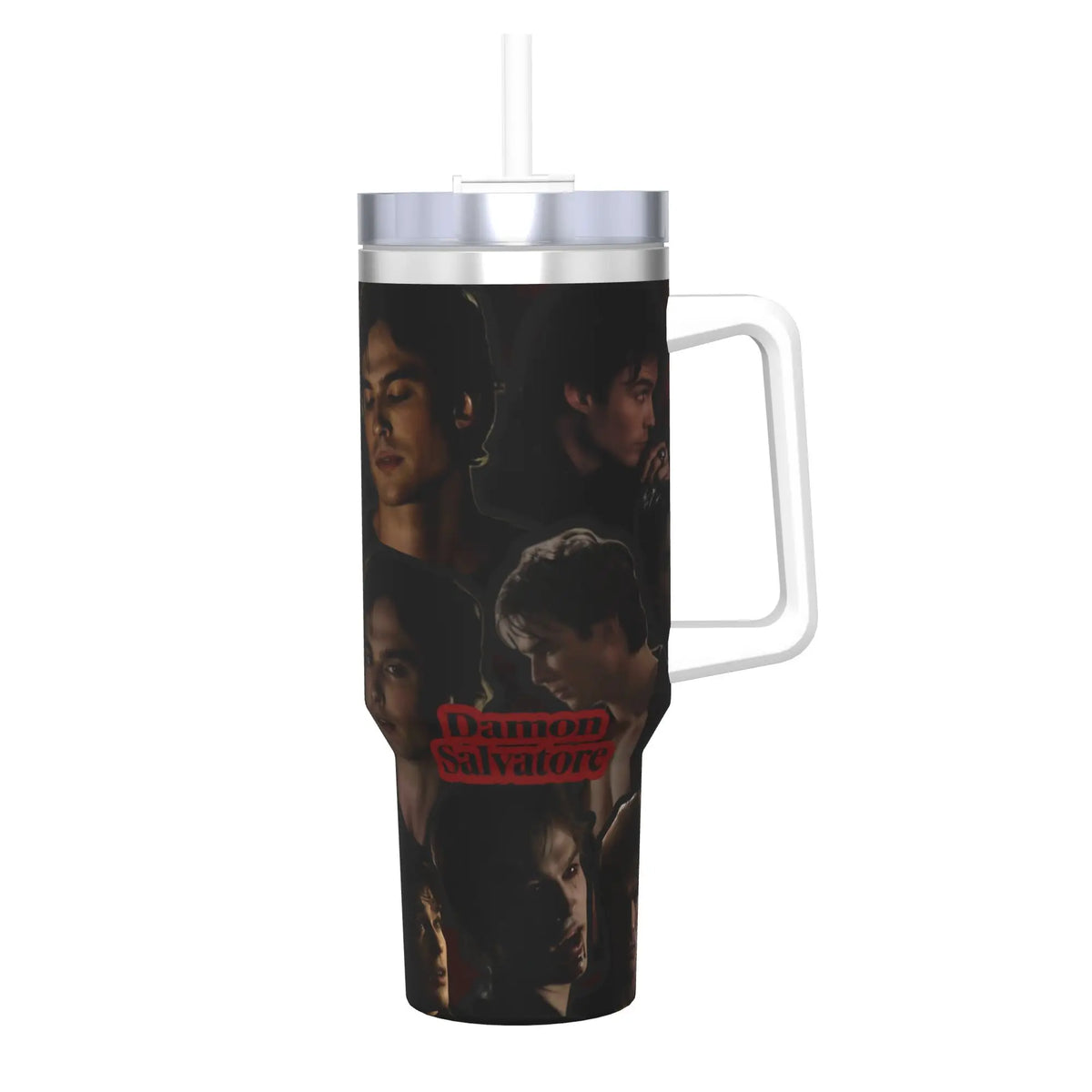 A stainless steel thermal tumbler with a straw featuring a dark, moody portrait design.