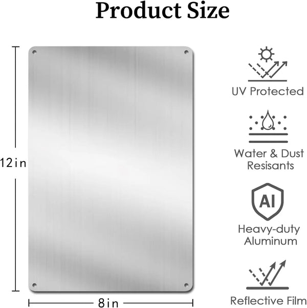 A rectangular aluminum plaque with a reflective film finish, designed to be UV protected and resistant to water and dust.