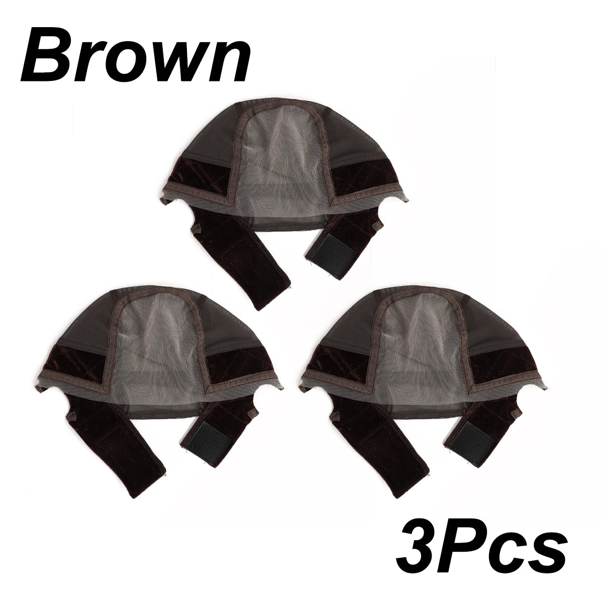 Brown adjustable velvet headband wig cap shown in three pieces