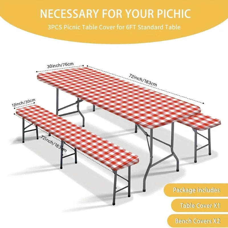 Three plaid picnic table covers for 6ft standard tables, including one table cover and two bench covers.