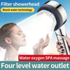 A woman is using a filter showerhead that produces water oxygen spa massage with four levels of water outlet.