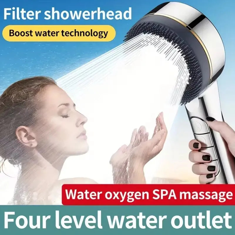 A woman is using a filter showerhead that produces water oxygen spa massage with four levels of water outlet.